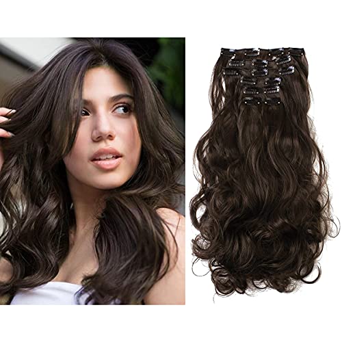SARLA Dark Brown Full Head Clip in Hair Extensions Curly Wavy 20" 7 Piece Synthetic Clip on Hairpiece for Women Heat Friendly Fiber