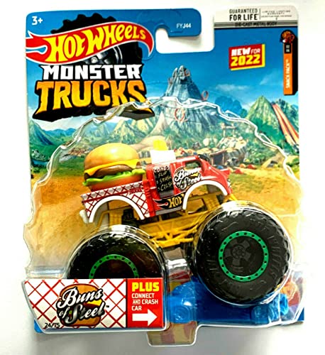 DieCast Hot Wheels Monster Trucks Buns of Steel 24/75, 2022 Connect and Crash car Included (1:64 Scale)