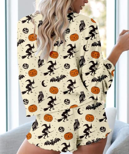 Image of Roshop Halloween Pajama Women's Pumpkin Matching Top & Shorts Loungewear Set