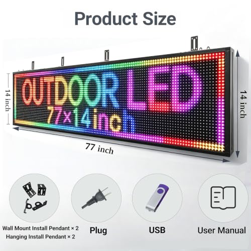 Image of 77 inchx14 inch Programmable LED Display Sign, P10 Outdoor Digital Scrolling Message Board with WiFi /USB Control, High Brightness Waterproof Screen for Business Advertising & Menu