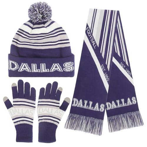 CNKUNDONG - 3 Set Winter Fashion Beanie Hat Knit with Warm Gloves and Scarf for Football Baseball Fans (Blue-Dallas)