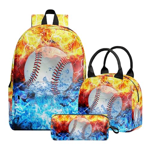 Baseball Backpacks Set for Boys Girls, 3pcs Backpack with Lunch Bag Pencil Case for Kids, Large Capacity 17 Inch Bookbag School Bag for Teen Elementary Middle High School