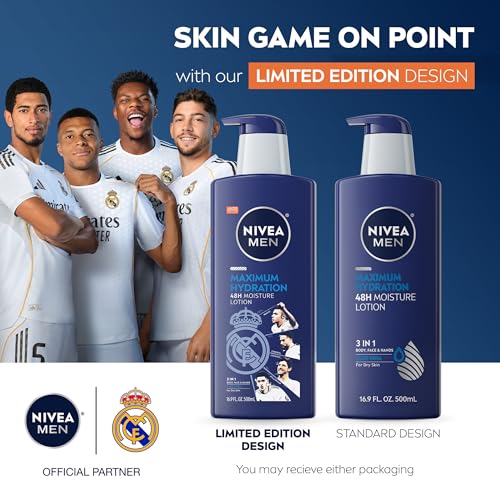 Image of NIVEA MEN Real Madrid Limited Edition Design Maximum Hydration 48-Hour Moisture Body Lotion for Dry Skin, Aloe Vera Lotion for Men, 3-in-1 Body, Face and Hands, 16.9 Fl Oz Bottle (Pack of 12)