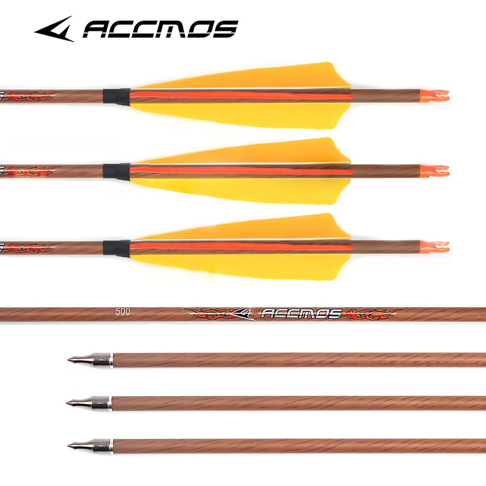 ACCMOS 12pz Frecce per Tiro con L'Arco ID 6,2 mm Spine 350 400 450 500 600 700 800 Simil Legno Freccia in Puro-Carbon 5" Piuma di Tacchino Freccia da Cacci (Spine 700, 31inch)