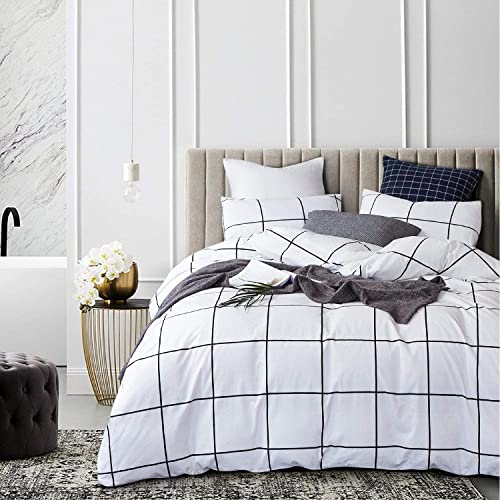 Image of KAREVER White Grid Comforter Set Big Grid Bedding Set Full White Black Plaid Printed Stripes Women Checkered Comforters Bedding Set Girls White Grid Bed Blanket Set White Plaid Full Comforter