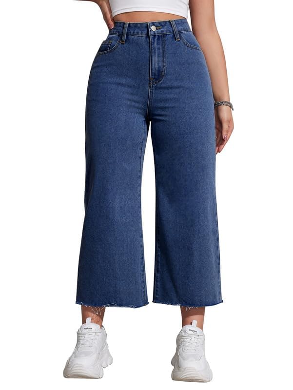 Women's Wide Leg Jeans 90s Zipper Fly Raw Hem Cropped Mid Rise Straight Leg Jeans Denim Pants2