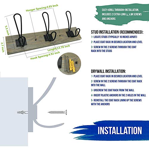 Sageme Wall Mounted Coat Rack, Wooden Entryway Vintage Rustic Coat Rack Hat Hanger Rack 3-Hook Rail For The Entryway, Bathroom, Bedroom, Kitchen, Mudroom Solid Wood (3 Hooks, Black) #TOP6