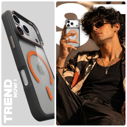 Image of Pikkme Back Cover for iPhone 17 Pro Max | Shockproof | Mag-Safe Compatible | Hard Transparent Back | Premium Raised Camera Protection | Bumper Case (Black & Orange Mag-Safe)