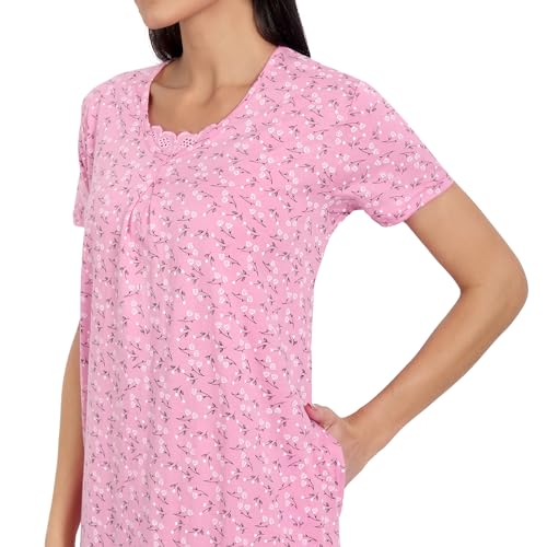 Image of BLAZON Women's Cotton Hosiery Elegant Maxi Nightdress with Lace Detailing, Floral Print, Pockets & Half Sleeves
