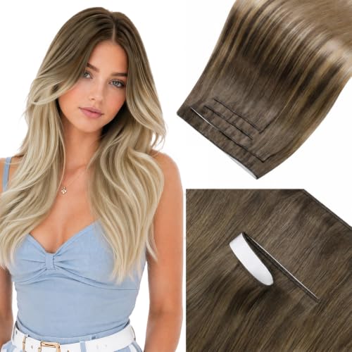 Image of LaaVoo Genius Tape in Weft Hair Extensions Invisible Tape in Hair Extensions Ombre Light Brown to Blonde Tape Weft Hiar Extension Remy Human Hair 22inch 4pcs 120g