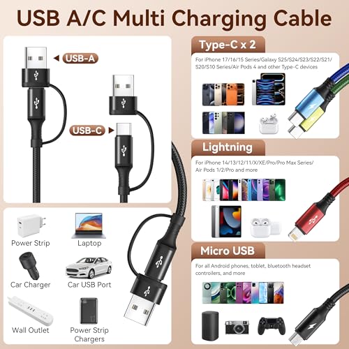 Minlu Dual Typ-C Multi Ladekabel, 4 in 2 Multi USB Kabel, USB-A/C zu Dual USB-C+Lightning+Micro USB-Ladekabel, Geflochtenes Universal-Ladekabel für iPhone 17 16 15 14 13/Galaxy/Laptop/Android/Tablet 5