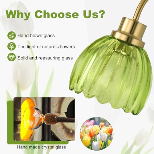 Image of Bathroom Light Fixtures (3-Light, 20 Inch), Brushed Gold Vanity Lights for Bathroom with Ribbed Green Tulip Glass Shade, Vintage Vanity Wall Lights for Mirror Bedroom Living Room Hallway