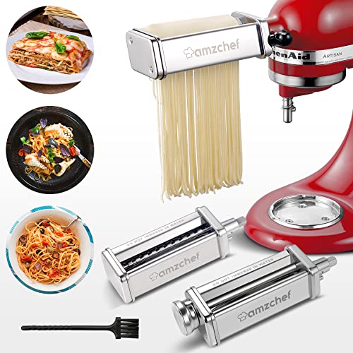 Pasta Maker Attachment for Kitchenaid Stand Mixer Pasta Cutter Set 3 Pcs Stainless Steel Pasta Maker Accessories, Including Durable Pasta Roller, Spaghetti Cutter, Fettuccine Cutter by AMZCHEF