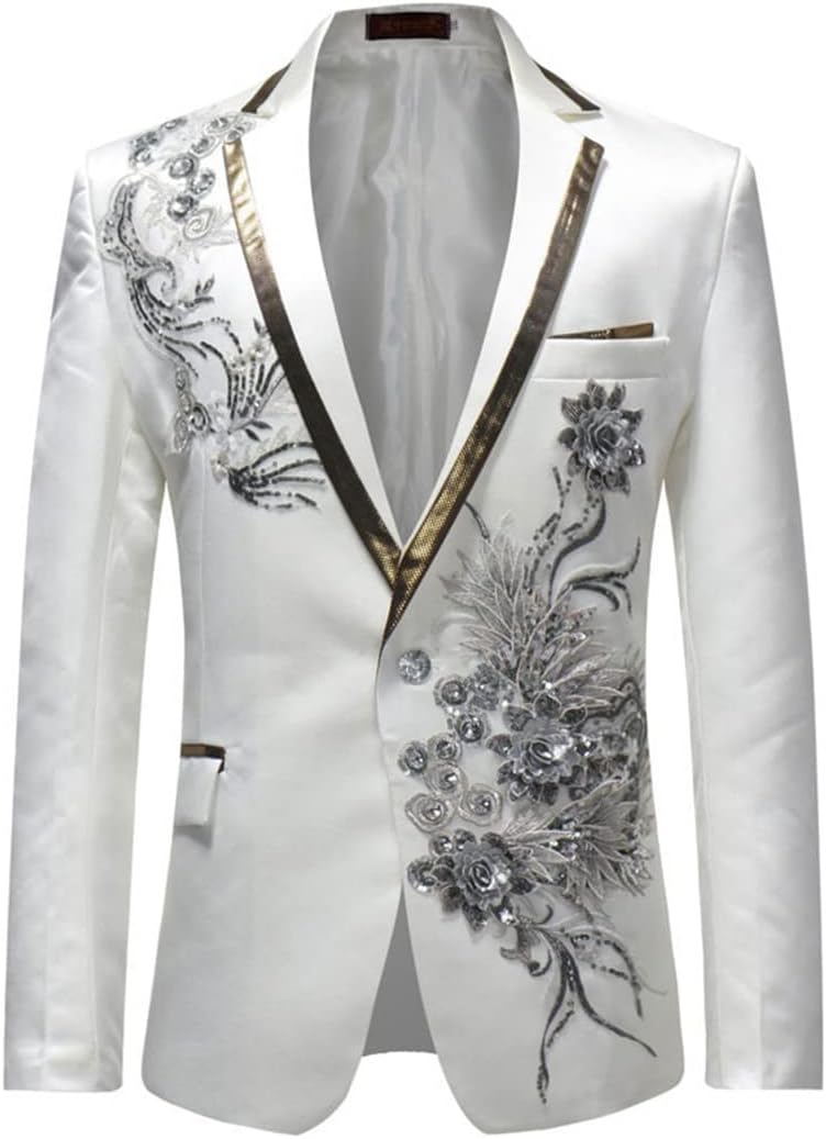 Floral Sequin Embroidery Suit Jacket Men Wedding Groom Tuxedo Suit Blazers One Button Peak Lapel Stage Costume