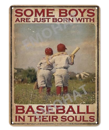 Baseball Metal Tin Sign Teenager Back View Signs Some Boys are Born with Baseball in Their Souls Retro Decor Poster Chic Vintage Wall Art Gym Garage Man Cave Bar Pub Club Decoration Gifts 8X12Inch