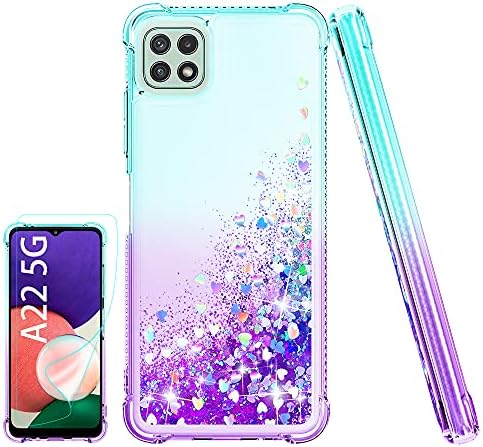 Compatible with Galaxy A22 5G Case [with Screen Protector] Clear Liquid Glitter Soft TPU Bumper Cover Shockproof Transparent Girly Woman Protective Phone Case for Samsung Galaxy A22 5G,Teal/Purple