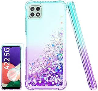 Compatible with Galaxy A22 5G Case [with Screen Protector] Clear Liquid Glitter Soft TPU Bumper Cover Shockproof Transparent Girly Woman Protective Phone Case for Samsung Galaxy A22 5G,Teal/Purple