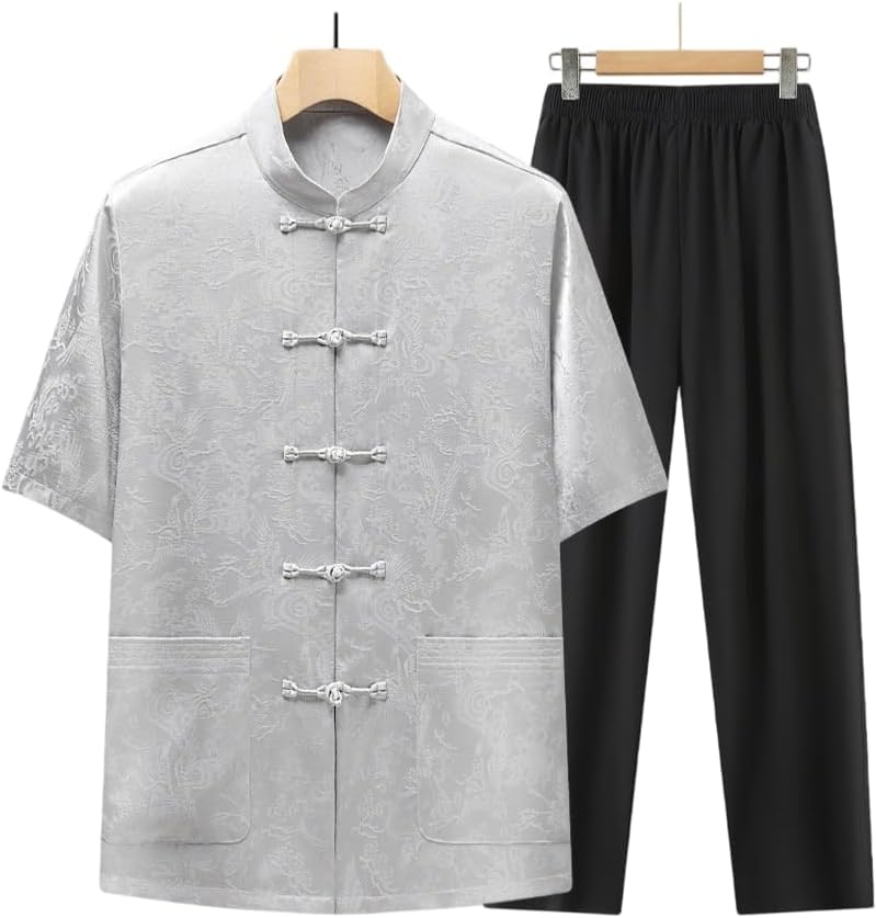 Men's Short Sleeve Tang Suit Set Chinese Style Lightweight Top and Ankle Pants Casual 2 Piece Outfit