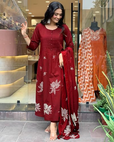 Image of GoSriKi Women's Rayon Blend Anarkali Printed Kurta with Pant & Dupatta | Ethnic Kurta Pant Dupatta Set for Women | Traditional Indian Wear Outfit