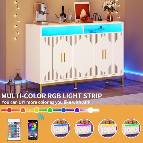 DWVO 47" Kitchen Storage Cabinet with LED Light & Power Outlet, Modern Sideboard Buffet Cabinet with Storage for Hallway, Kitchen or Living Room, White/Gold