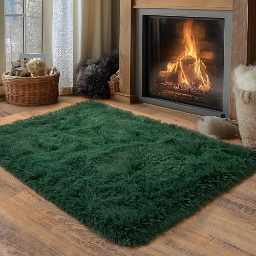 Small Area Rug, 2x3 Rug for Bedroom Shaggy Throw Rugs for Dorm Rug, Soft Shag Carpet for Kids Room, Plush Comfy Fluffy Bedside Rug for Home Decor Aesthetic, Blackish Green