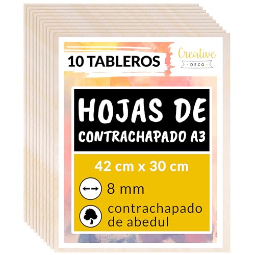 Creative Deco 10 x A3 Tablero Madera Manualidades Contrachapado | 420 x 300 x 8 mm (+/- 2mm) | Chapa Maciza Abedul Maderas para Bricolaje | Perfecto como Material de Construcción