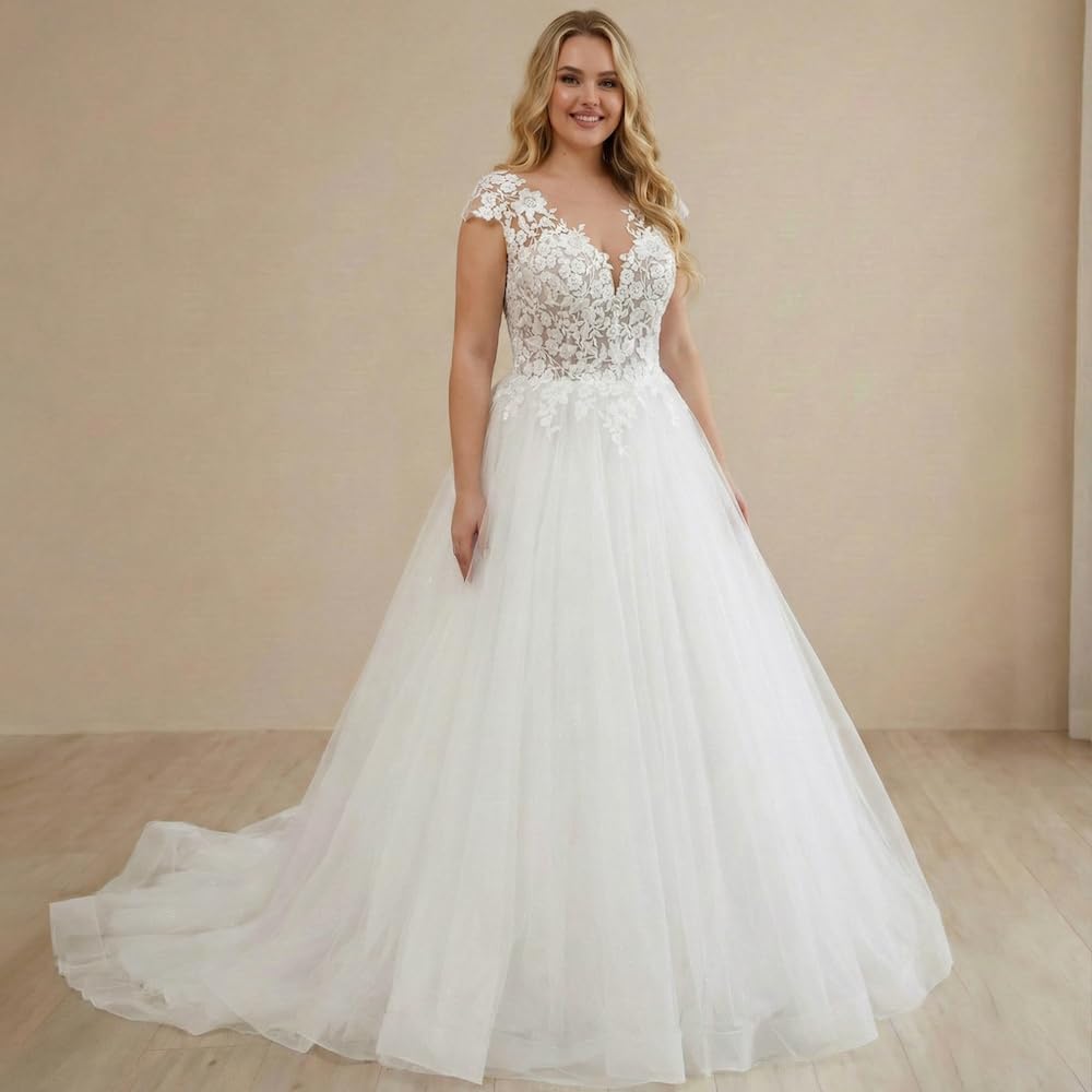 Glitter Tulle Dentelle Ligne A Robe de mariée Col V Illusion Grande Taille Lacé Corset Femmes Robe de Mariage AL-VN1042