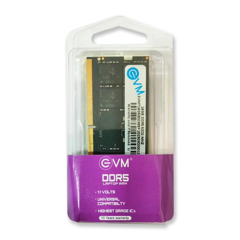 Image of EVM 16GB DDR5 Laptop RAM 5200 MHz SoDimm - High Performance Memory for MAC, Intel, AMD - 16 Chips, 256Mx8 Chip Density - Ideal for Editing, Gaming, e - 10 Years Warranty (EVMT16G5200S88P)