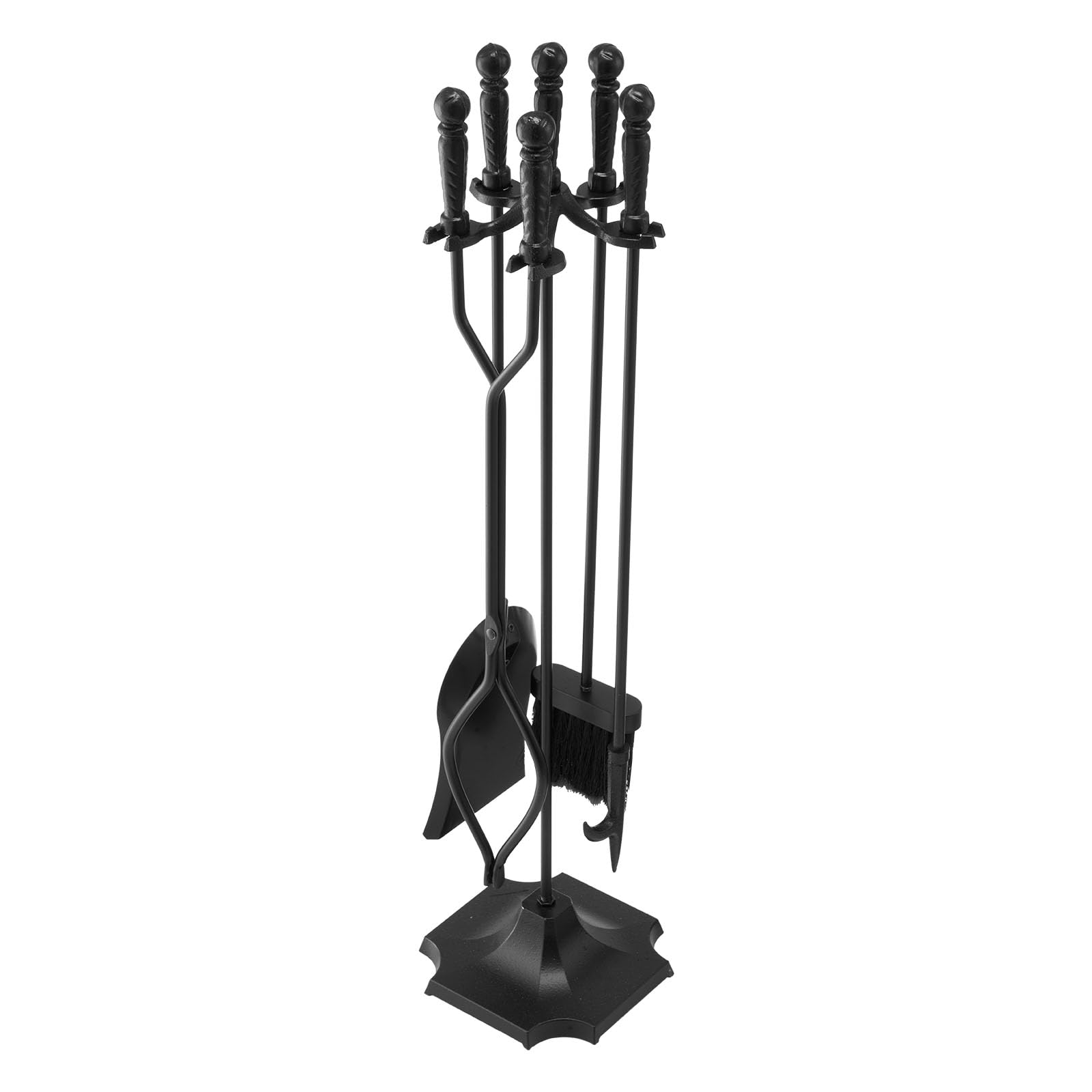 VEVOR Ensemble d'outils de cheminée, 5 pièces, ensemble serviteur de cheminée en fer forgé avec support à cinq branches, pince, pelle à cendres, brosse, tisonnier, pour intérieur/​extérieur, noir