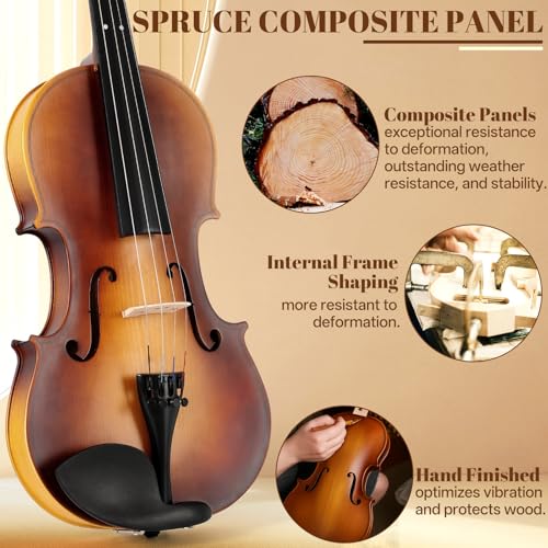 Kmise Violin 4/4 Full Set, Fingerboard Fret Markings Violins, Matte Acoustic Fiddle for Adults, Beginners, Students with Violin Case, Rosin, Strings, Bow, Shoulder Rest, Beginner's Guide (Matte, 4/4) by Kmise - Image 5