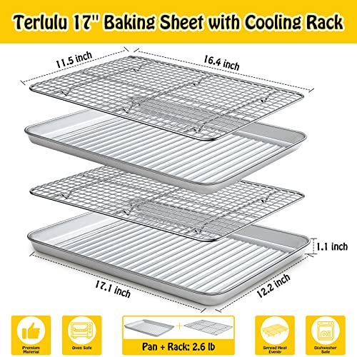 Baking Sheet With Cooling Rack Set(2 Pans+2 Racks) 17'', Terlulu Stainless Steel Baking Pan With Wire Rack, Heavy Duty Half Sheet Pan&Bacon Rack For Oven Cooking, Cookie Sheet, 17.1 X 12.2 X 1.1 Inch #TOP3