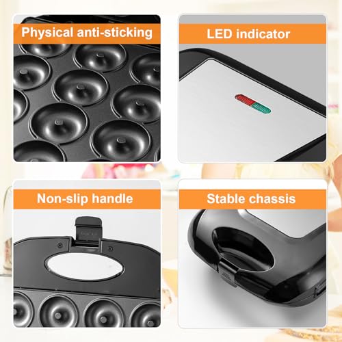 2026 Mini Donut Maker Machine for Home, Kid-Friendly 16-Hole Electric Doughnut and Pancake Maker with Non-Stick Surface, Ideal for Homemade Doughnuts (Black with Mini Oven Gloves & Brush) by JOVELL - Image 4