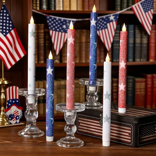 LCZLUMIPRO 6 Pcs Patriotic Flameless Taper Candles Glitter Red White and Blue Star Candles for 4th of July 250th Anniversary of Independence Day Home Party Decor Battery Operated LED Candlesticks