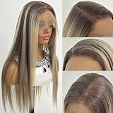 MACA BAKA Highlight Ash Blonde 13x6 Frontal Wig Long Straight Glueless Ombre Brown Dirty Blonde Synthetic 13x6 Lace Front Wig Pre Plucked for Women 24 Inches 150 Density