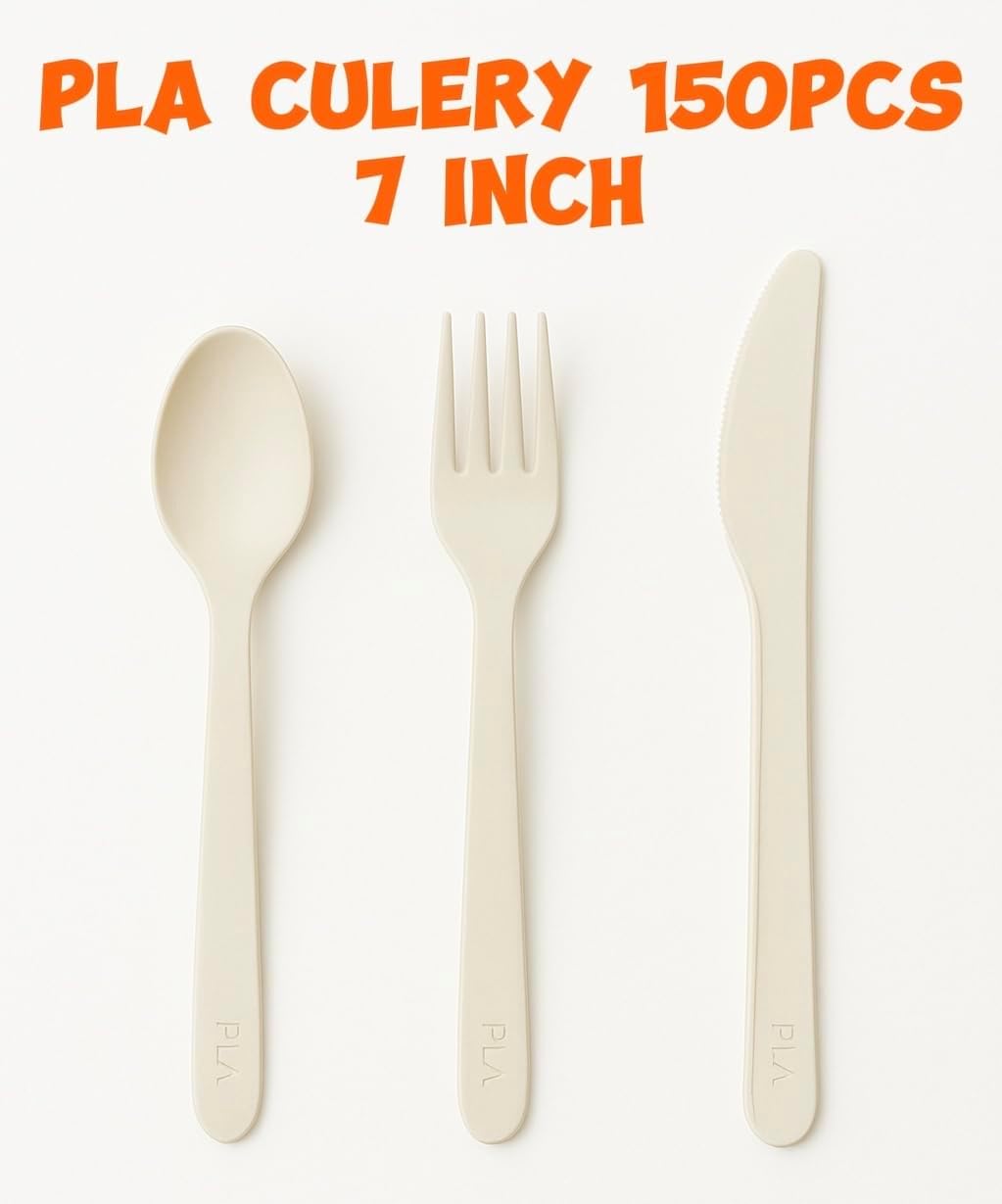 150 Count Compostable Cutlery Set - Heavy Duty PLA Forks Spoons Knives Biodegradable Eco Friendly Disposable No Plastic for Party Picnic Events
