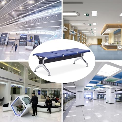 Sky Blue 3-Seat Waiting Room Chairs, PU Leather Reception Bench Without Arms, Steel Office Guest Seating, Easy Assembly Airport Bench Furniture