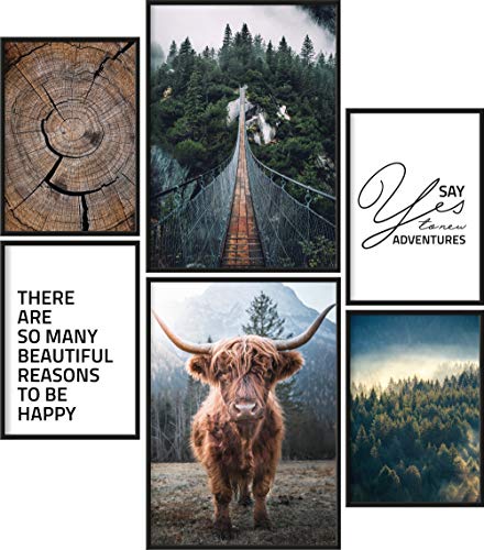 Papierschmiede® Mood Poster Set La vida salvaje, Cuadros como decoración de paredes, Living y dormitorio, 2x A3 y 4x A4, Galloway Naturaleza Bosque madera verde - sin marco