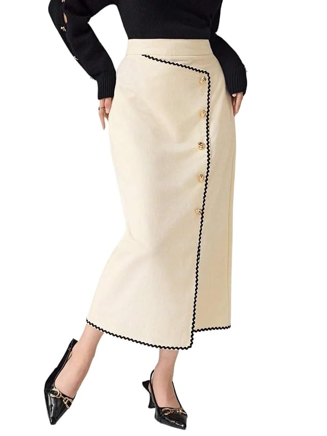 Elegant Trim Button A-Line Long Skirt Womens Basic Versatile Trendy Skirt