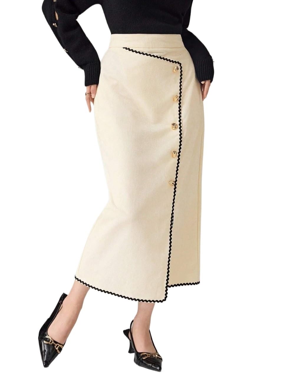 Elegant Trim Button A-Line Long Skirt Womens Basic Versatile Trendy Skirt