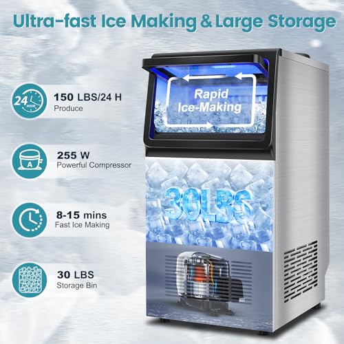 Image of Commercial Ice Maker Machine 150LBS /24H, Dual Water Inlet Options, Stainless Steel Air Cooled Freestanding /Under Counter Ice Maker Smart LCD, Self-Cleaning, Quiet for Home, Bar, Restaurant