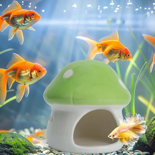 Image of Ceramic Mushroom House Betta Fish Tank Decor - Cute Aquarium Cave Hideout for Shrimp & Small Fish, Non-Toxic Safe Ornament for 5-20 Gallon Tanks (Green)