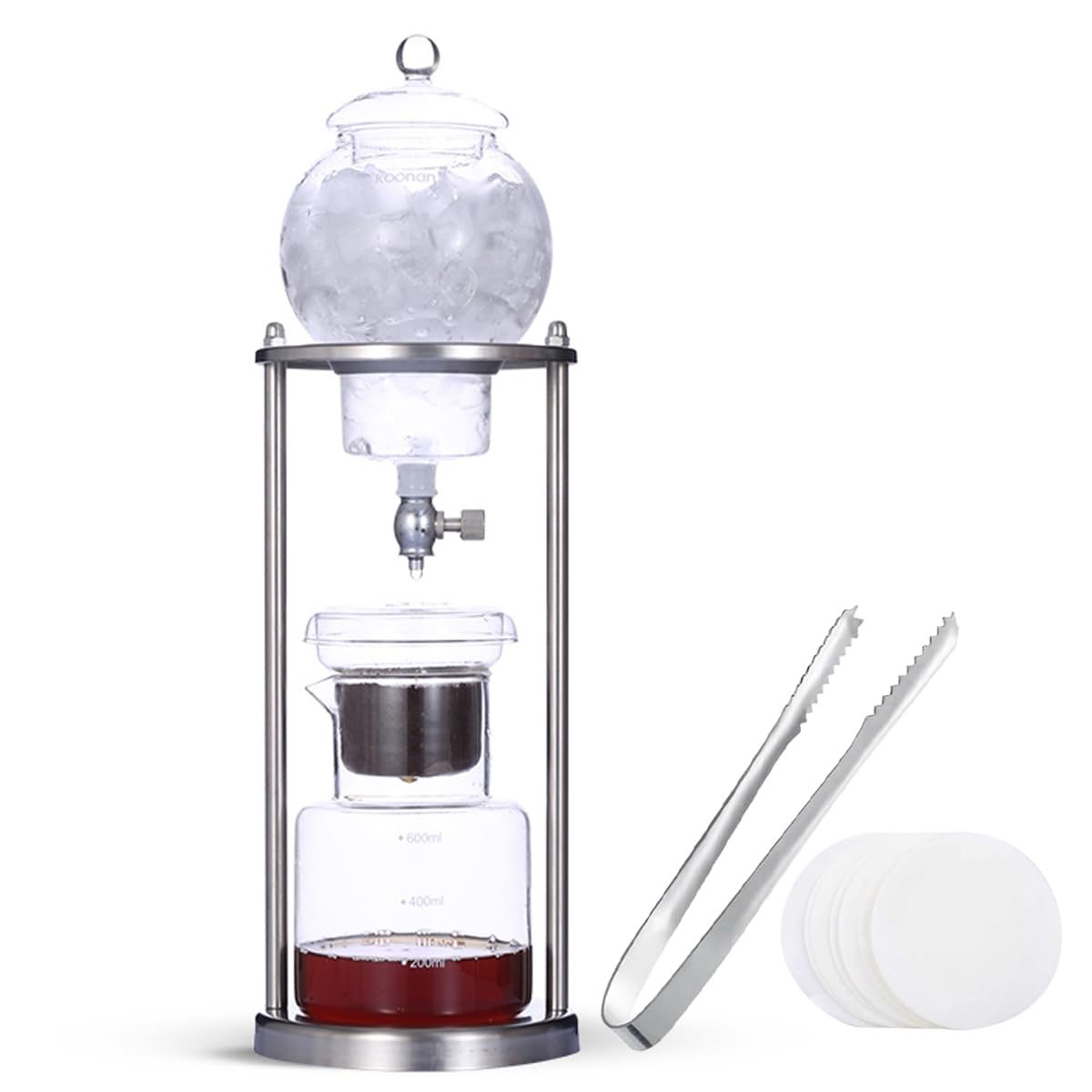 600ml Cold Brew Coffee Tower, Stainless Steel Frame, Borosilicate Glass - Ice Drip Machine for Home Office