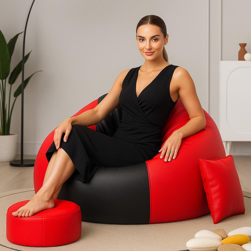 Image of Biggie Bean Bag Chair with Beans Filled 5XL Comfort Essence Bean Sofa-Designed for Relaxation-Crafted for Elegant Spaces with Free Cushion & Footrest (Matching Color : Leatherette Black Red)