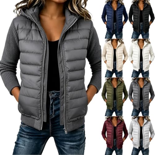 YRAETENM Womens Puffer Jacket Casual Hooded Mixed Fabric Winter Outerwear - image 1