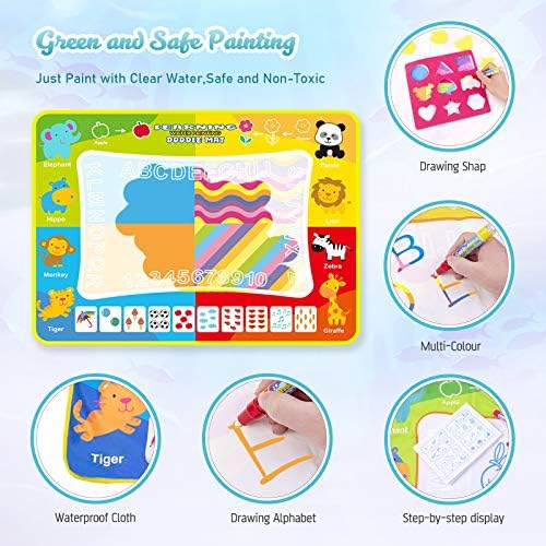 Omew Water Doodle Mat, Water Drawing Painting Mat Larger Size 120 X 90cm Mess-Free Water Magic Mat with 6 Magic Pens, 8 Stamps, 1 Mould and 1 Drawing Booklet for Kids Boys Girls