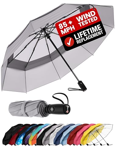 Repel Umbrella Windproof Auto Folding Travel Umbrella - Withstands Winds up to 85MPH, For Rain and Sun – Strong, Compact, Durable, Light & Portable For Women & Men, Fits Backpack & Cars - Gray