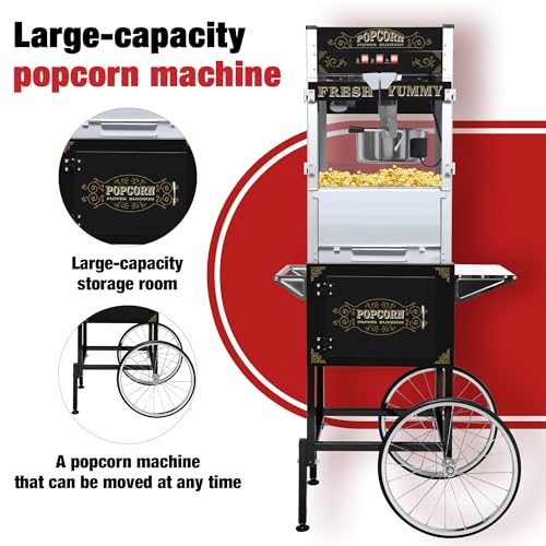 Image of 20 oz Commercial Popcorn Machine Cart - Sleek Black Popcorn Maker with Storage Stand and Wheels for Home Theaters, Parties and Concession Stands