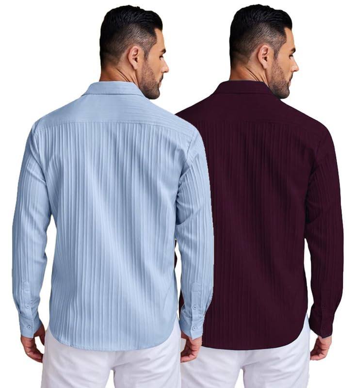 Image of DEELMO Combo of Men's Casual Button Down Shirts Long Sleeve Linen Shirt Fashion Textured Summer Shirts Pack of 2