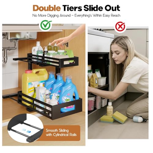 1-Pack Under Sink Organizers and Storage,2-Tier L Shape Pull Out Cabinet Organizer With Round Tube Slide Rails,Hight Adjustable Slide Out Drawers for Kitchen&Bathroom,Multi-Purpose Storage Shelf-Black by Biboraya - Used condition - Image 3