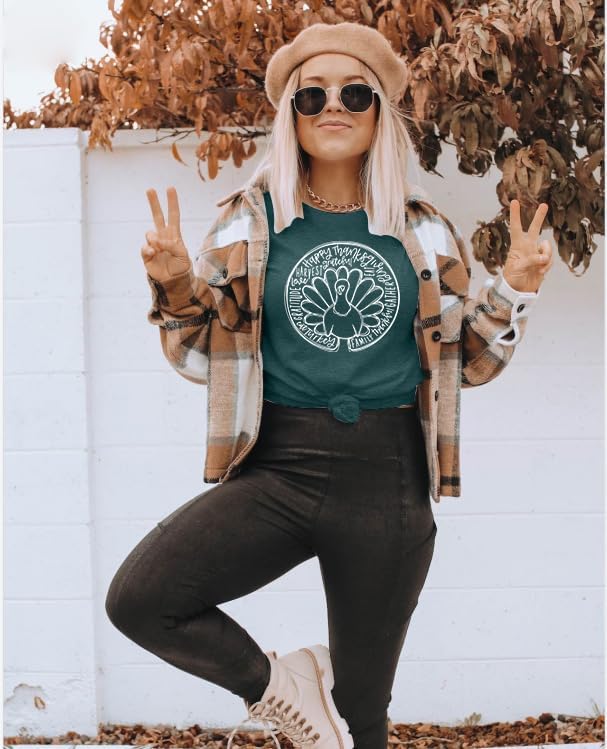 Thanksgiving Shirt for Women Turkey Print T-Shirts Thankful Fall Short Sleeve Tee Tops - Image 5